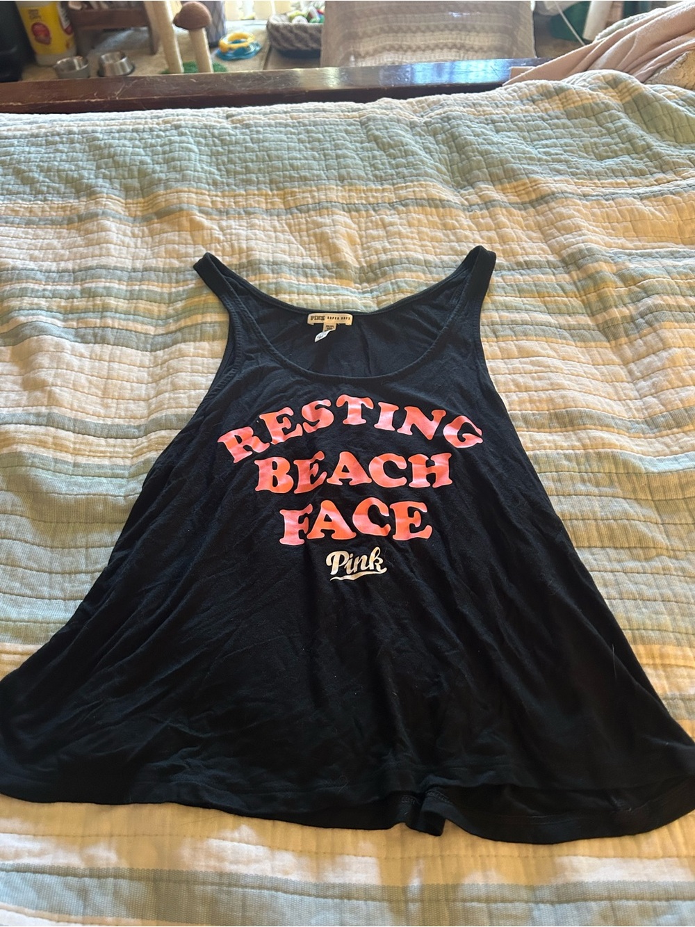 PINK Victoria's Secret Black Tank with Pink 'Resting Beach Face' Graphic